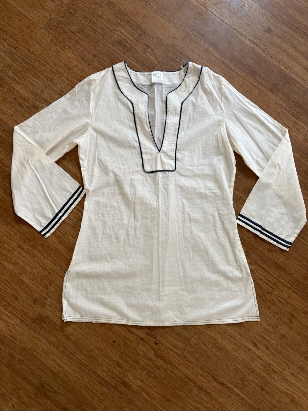 Pure Alfred Sung Off White Cotton Split Neck Tunic Top Navy Trim Boho Women's L